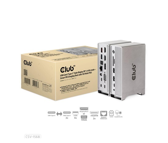 Club3D USB-C, Triple Display DP 1.4 Alt mode Displaylink Dynamic PD Charging Dock so 120 W PS