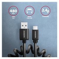AXAGON BUMM-AM10TB, TWISTER kábel Micro USB <->USB-A, 0</->.6 m, USB 2.0, 2.4A, ALU, tpe, čierna