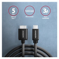 AXAGON BUMM3-CM10AB, SPEED kábel Micro-B USB <->USB-C, 1 m, USB 3</->.2 Gen 1, 3A, ALU, tpe, čierna