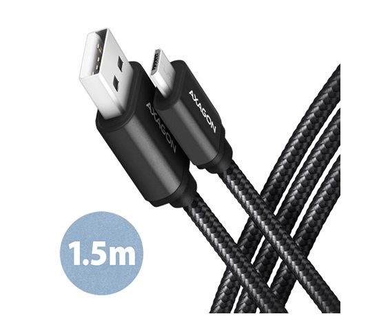 AXAGON BUMM-AM15AB, HQ Micro <->USB-A</-> kábel, <->1</->.5 m, USB 2.0, 2.4A, ALU, oplet, čierny