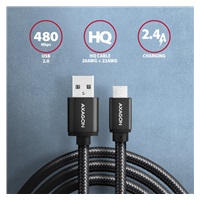 AXAGON BUMM-AM20AB, HQ kábel Micro USB <->USB-A, 2 m, USB 2</->.0, 2.4A, ALU, oplet, čierny