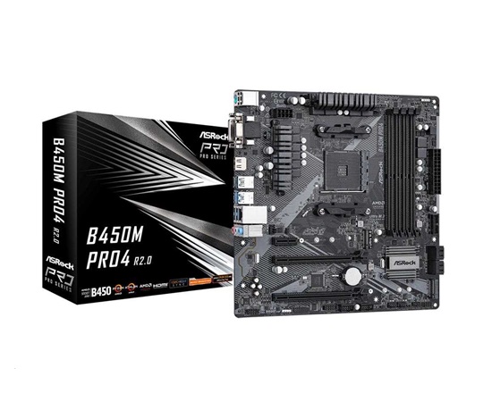 ASRock MB Sc AM4 B450M PRO4 R2.0, AMD B450, 4xDDR4, 1xHDMI, 1xDVI, 1xVGA, mATX