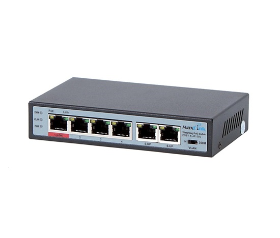 MaxLink PoE switch PSBT-6-4P-250 (náhrada za PSAT-6-4P-250), 6x LAN/4x PoE 250m, 802.3af/at/bt