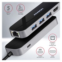 AXAGON HMC-6GL, USB 3.2 Gen 1 hub, porty 3x USB-A, HDMI 4k/30Hz, RJ-45 GLAN, PD 100W, kábel USB-C 20cm