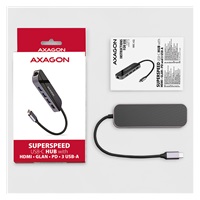 AXAGON HMC-6GL, USB 3.2 Gen 1 hub, porty 3x USB-A, HDMI 4k/30Hz, RJ-45 GLAN, PD 100W, kábel USB-C 20cm