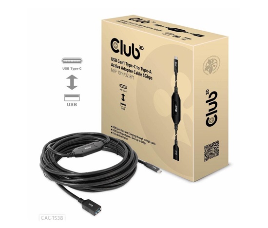 Club3D Kabel USB-C na USB-A, Aktivní adaptér/kabel, 5 Gbps (M/F), 10m