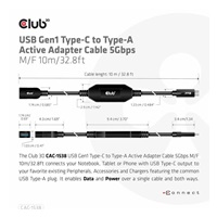 Club3D Kabel USB-C na USB-A, Aktivní adaptér/kabel, 5 Gbps (M/F), 10m