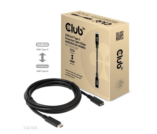 Club3D Prodlužovací kabel USB-C, 5Gbps 60W(20V/3A), 4K 60Hz (M/F), 2m