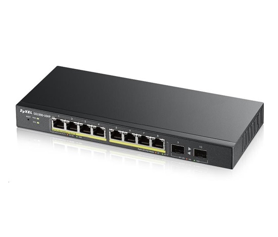 Zyxel GS1900-10HP v2 10-portový gigabitový webový inteligentný PoE switch, 8x gigabitový PoE RJ45, 2x SFP, 70W PoE rozpočet, bez ventilátora