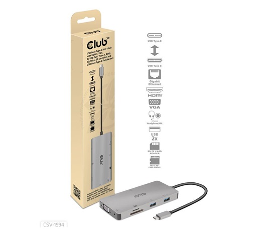 Club3D hub USB-C, rozbočovač 9 v 1 s HDMI, VGA, 2x USB Gen1 Type-A, RJ45, 100W PD