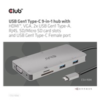 Club3D hub USB-C, rozbočovač 9 v 1 s HDMI, VGA, 2x USB Gen1 Type-A, RJ45, 100W PD