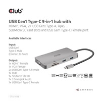 Club3D hub USB-C, rozbočovač 9 v 1 s HDMI, VGA, 2x USB Gen1 Type-A, RJ45, 100W PD