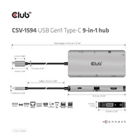 Club3D hub USB-C, rozbočovač 9 v 1 s HDMI, VGA, 2x USB Gen1 Type-A, RJ45, 100W PD