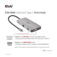 Club3D hub USB-C, rozbočovač 9 v 1 s HDMI, VGA, 2x USB Gen1 Type-A, RJ45, 100W PD