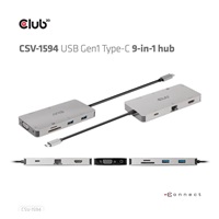 Club3D hub USB-C, rozbočovač 9 v 1 s HDMI, VGA, 2x USB Gen1 Type-A, RJ45, 100W PD