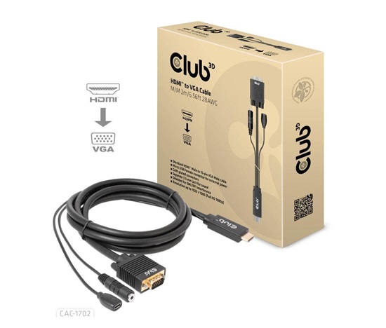 Club3D kábel HDMI na VGA, M/M, 28AWG, 2 m