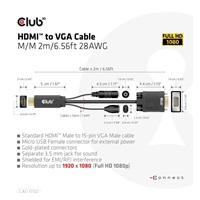 Club3D kábel HDMI na VGA, M/M, 28AWG, 2 m