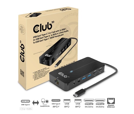 Club3D hub USB-C, 7-in-1 hub s 2x HDMI, 2x USB Gen1 Type-A, 1x RJ45, 1x 3.5mm audio, 1x USB Gen1 Type-C, 100W PD