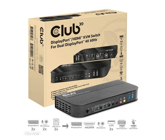 Club3D Network Switch - Prepínač, DP/HDMI KVM prepínač - Dual DP 4K 60Hz