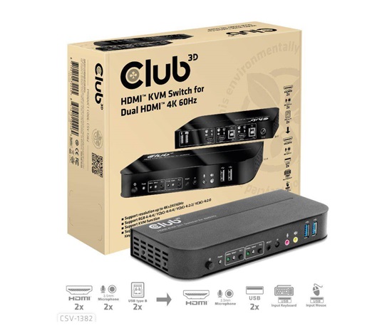 Sieťový prepínač Club3D - Prepínač, HDMI KVM prepínač - Dual HDMI 4K 60Hz