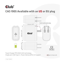 Cestovná nabíjačka Club3D PPS 65W technológia GAN, USB Type-C, Power Delivery(PD) 3.0 Podpora