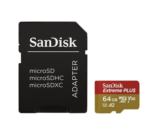 Karta SanDisk micro SDXC 64GB Extreme PLUS (200 MB/s Class 10, UHS-I U3 V30) + adaptér