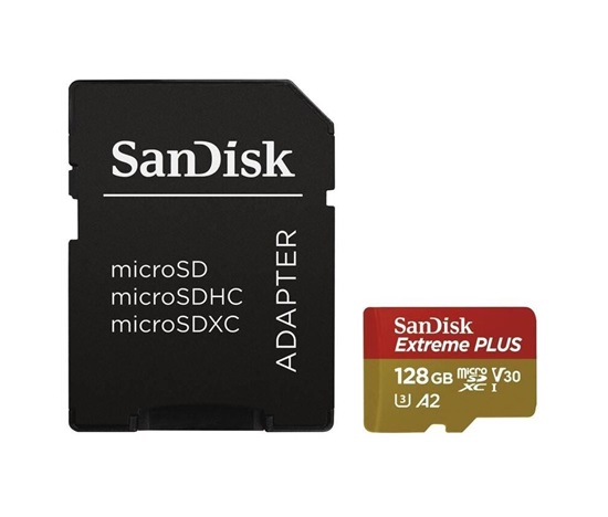 Karta SanDisk micro SDXC 128 GB Extreme PLUS (200 MB/s Class 10, UHS-I U3 V30) + adaptér