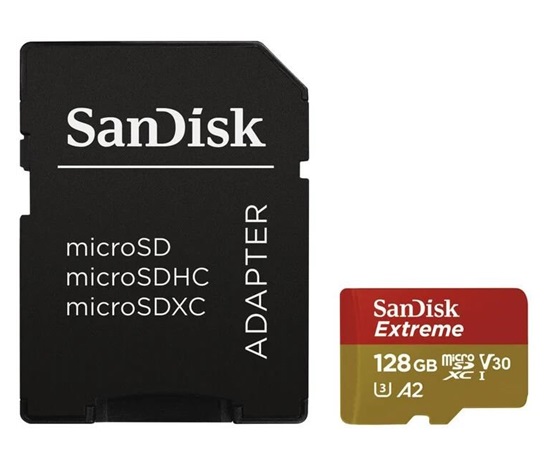 Karta SanDisk micro SDXC 128 GB Extreme Action Cams and Drones (190 MB/s Class 10, UHS-I U3 V30) + adaptér