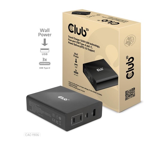 Cestovná nabíjačka Club3D 132W technológia GAN, 4xUSB-A a USB-C, PD 3.0 Podpora