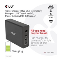 Cestovná nabíjačka Club3D 132W technológia GAN, 4xUSB-A a USB-C, PD 3.0 Podpora