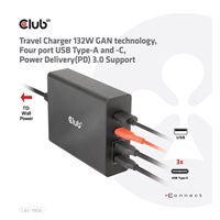 Cestovná nabíjačka Club3D 132W technológia GAN, 4xUSB-A a USB-C, PD 3.0 Podpora