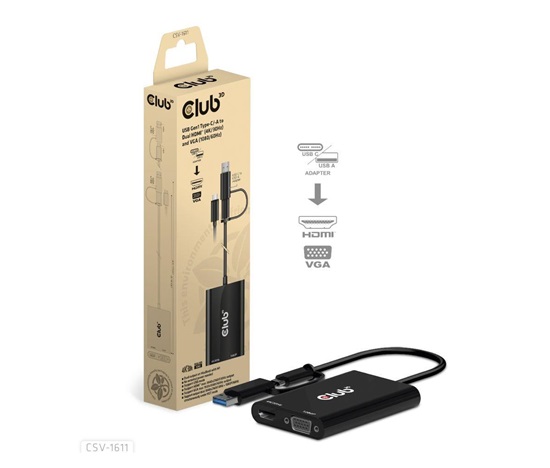 Club3D adaptér USB Gen1 Type-C/-A na duálny HDMI (4K/30Hz) / VGA (1080/60Hz)