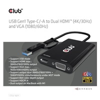 Club3D adaptér USB Gen1 Type-C/-A na duálny HDMI (4K/30Hz) / VGA (1080/60Hz)