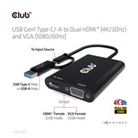 Club3D adaptér USB Gen1 Type-C/-A na duálny HDMI (4K/30Hz) / VGA (1080/60Hz)