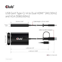 Club3D adaptér USB Gen1 Type-C/-A na duálny HDMI (4K/30Hz) / VGA (1080/60Hz)
