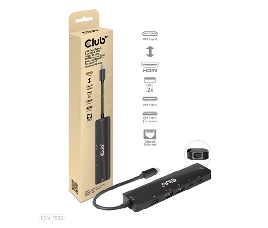 Club3D Hub USB-C, rozbočovač 6 v 1 s HDMI 8K30Hz, 2xUSB typu A, RJ45 a 2xUSB typu C, Data a PD nabíjení 100W