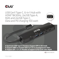 Club3D Hub USB-C, rozbočovač 6 v 1 s HDMI 8K30Hz, 2xUSB typu A, RJ45 a 2xUSB typu C, Data a PD nabíjení 100W