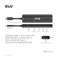 Club3D Hub USB-C, rozbočovač 6 v 1 s HDMI 8K30Hz, 2xUSB typu A, RJ45 a 2xUSB typu C, Data a PD nabíjení 100W