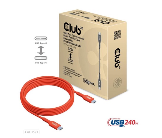 Club3D kabel USB-C, Oboustranný USB-IF Certifikovaný data kabel, Data 480Mb,PD 240W(48V/5A) EPR M/M 2m