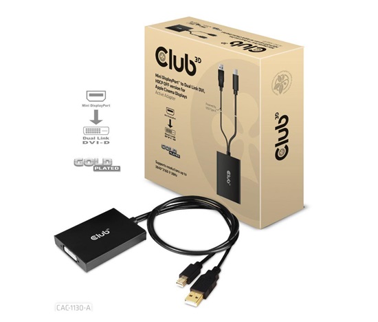 Club3D adaptér Mini DP na Dual Link DVI, verzia HDCP OFF pre Apple Cinema Displeje Aktívny adaptér