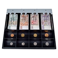 Pokladničná zásuvka Virtuos C430D - s káblom, kovové držiaky, nerezový panel, 9-24V, čierna