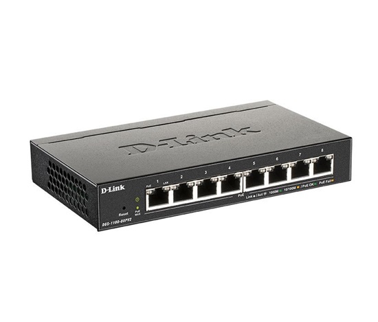 D-Link DGS-1100-08PV2 8-portový gigabitový inteligentný riadený prepínač PoE, rozpočet PoE 64 W, bez ventilátora