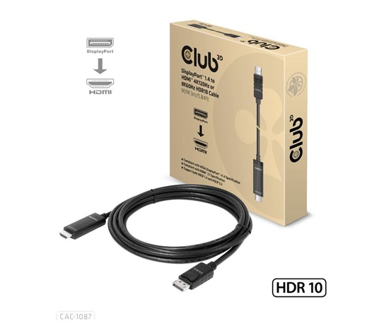 Club3D kábel DP 1.4 na HDMI, 4K120Hz alebo 8K60Hz HDR10, M/M, 3 m
