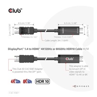 Club3D kábel DP 1.4 na HDMI, 4K120Hz alebo 8K60Hz HDR10, M/M, 3 m
