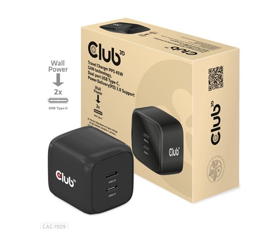 Cestovná nabíjačka Club3D PPS 45W technológia GAN, dvojportový USB Type-C, Power Delivery(PD) 3.0 Podpora