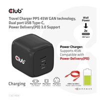 Cestovná nabíjačka Club3D PPS 45W technológia GAN, dvojportový USB Type-C, Power Delivery(PD) 3.0 Podpora