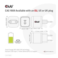 Cestovná nabíjačka Club3D PPS 45W technológia GAN, dvojportový USB Type-C, Power Delivery(PD) 3.0 Podpora