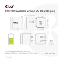 Cestovná nabíjačka Club3D PPS 45W technológia GAN, dvojportový USB Type-C, Power Delivery(PD) 3.0 Podpora