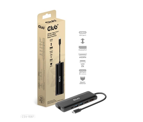 Club3D Dokovací stanice USB-C, 8-in-1 MST Dual (1x HDMI/1x DP) 4K60Hz, Display Travel Dock