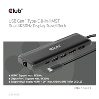 Club 3D Dokovací stanice USB-C 8v1, 1xDP, 1xHDMI, 1xUSB-C PD100W, 2xUSB, čtečka SD karet, šedá